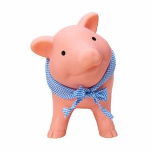 Rubber Piggy Bank with blue gingham bandanna - Front