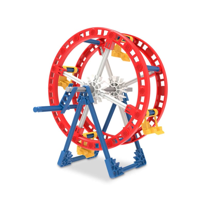15266_Image1 A small K'Nex ferris wheel model made out of colorful interlocking plastic pieces. The main structure of the wheel is red and white, with supporting beams in blue and yellow.