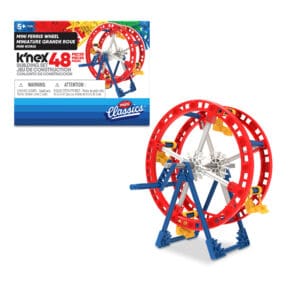 15266_Image2 A construction toy set consisting of a mini Ferris wheel. The packaging highlights "K'Nex Classics" with 48 pieces to build the model. The assembled Ferris wheel is red with blue supports and white and yellow accents. Suitable for ages 5 and up.