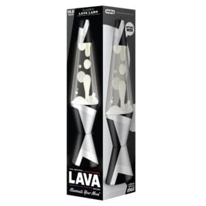 A box displaying a classic 14.5-inch Lava Lamp, featuring a black and white geometric pattern on the base and cap with white wax. Text on the box says "The Original Lava Brand - Illuminate Your Mood".