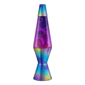 23340400US_Image1 A vibrant Lava Lamp with a purple liquid background and colorful blobs slowly moving inside. The base and top of the lamp have a rainbow-hued, iridescent finish, adding to the retro and psychedelic aesthetic.