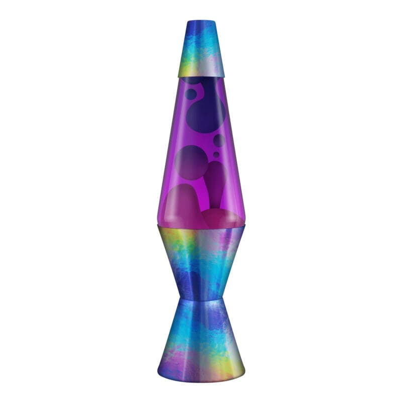 23340400US_Image1 A vibrant Lava Lamp with a purple liquid background and colorful blobs slowly moving inside. The base and top of the lamp have a rainbow-hued, iridescent finish, adding to the retro and psychedelic aesthetic.