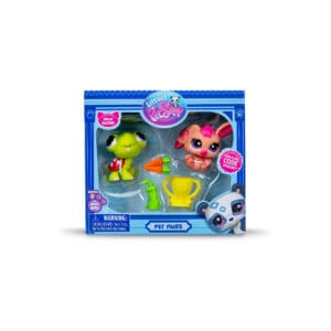 A Littlest Pet Shop "Pet Pairs" toy set in a blue box featuring a green turtle figure and a light orange rabbit figure. Accessories include a carrot, feeding bottle, and cup. The packaging includes labels and a warning.