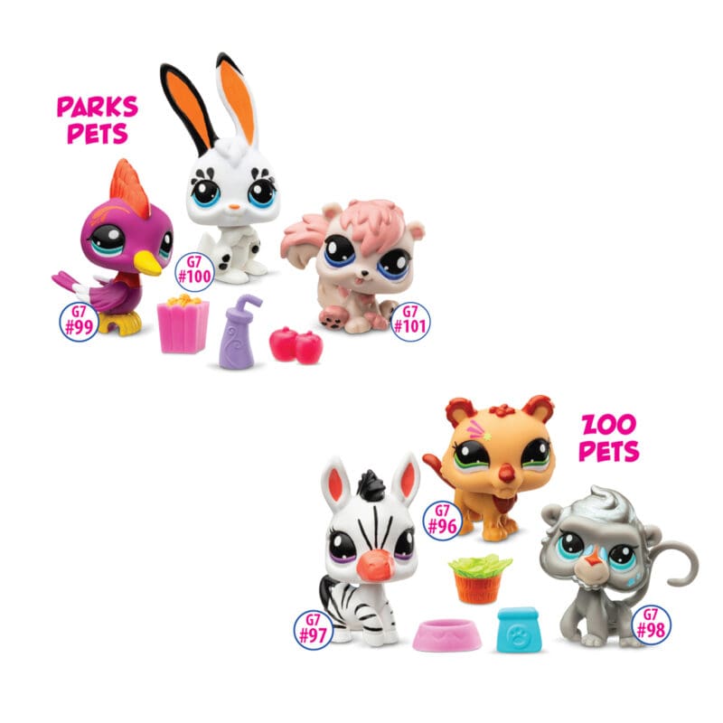 621_Image1 Two groups of Littlest Pet Shop toy figures against a white background. The 'Parks Pets' group on the top left includes a pink and yellow bird (#99) with a bucket of popcorn, a white rabbit (#100) with black and orange ears and a purple water bottle, and a pink and white squirrel (#101) with two apples. The 'Zoo Pets' group on the bottom right includes a white zebra (#97) with black stripes and a pink nose next to a bowl, an orange lion (#96) with a star on its face and a bucket of lettuce, and a gray monkey (#98) with blue eyes next to a jar with a paw print. Each pet has its identification number labeled in a blue circle.