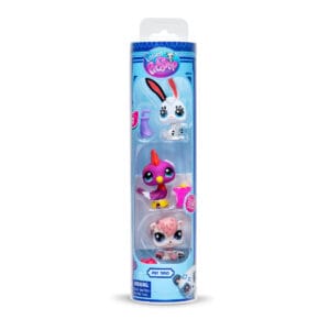 621_Image4 Packaging of a Littlest Pet Shop 'Pet Trio' set, featuring three toy figures in a vertical clear tube. At the top is a white rabbit with black and orange ears, accompanied by a purple watering can. In the middle is a pink bird with a yellow beak and purple crest, next to a pink popcorn container. At the bottom is a white squirrel with pink hair, lying next to two red apples. The packaging is blue with the Littlest Pet Shop logo at the top and age recommendation of 4+.