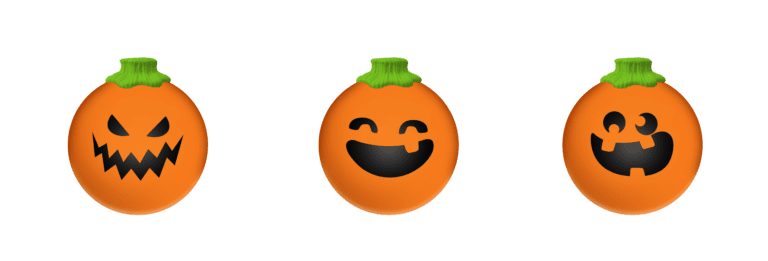 Three squishy round jack-o-lantern toys are in a line on a black background. They each have a different facial expression.