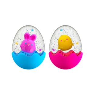 SQTEND25_Image1 Two colorful toys inside transparent eggs with water and glitter. The left egg, with a blue base, contains a purple bunny; the right egg, with a pink base, holds a yellow chick. Both eggs contain floating stars and shiny particles.