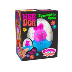 SQTEND25_Image2 Packaging for a NeeDoh Squeezter Eggs toy. The box has a colorful design with flowers, featuring a photo of a pink, bunny-shaped squishy toy in a clear egg filled with glitter. The text says "Squish & Flow" and "Squeezter Eggs.
