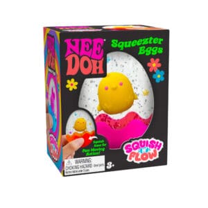 SQTEND25_Image4 A boxed Nee Doh Squeezer Eggs toy with a colorful design. The packaging features a round, yellow chick inside a clear squishy egg filled with confetti. Text reads, "Squish for Fun Moving Action!" Suitable for ages 3 and up.