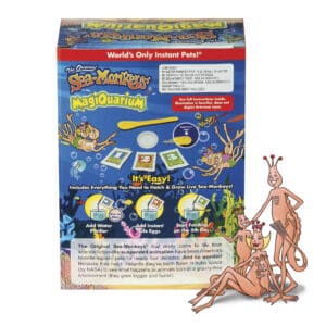 23228-Sea-Monkeys-Magiquarium-Image5 The back of the package is shown, with product information visible. A family of four illustrated Sea-Monkeys are in front of the product. They are illustrations from the 1970's.